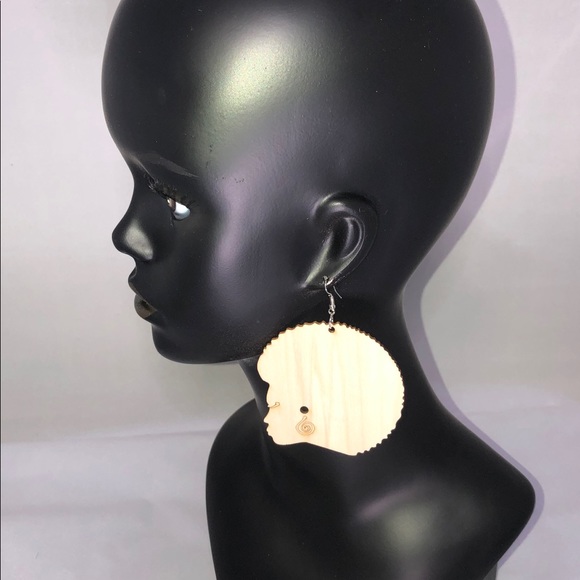 Handmade Laser Cut Wood Afro Earrings - Picture 3 of 4